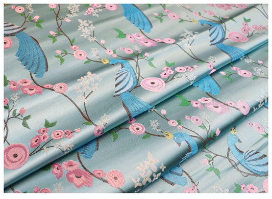 Tissu damassé à motif paon : brocart satiné jacquard de 75 cm de large