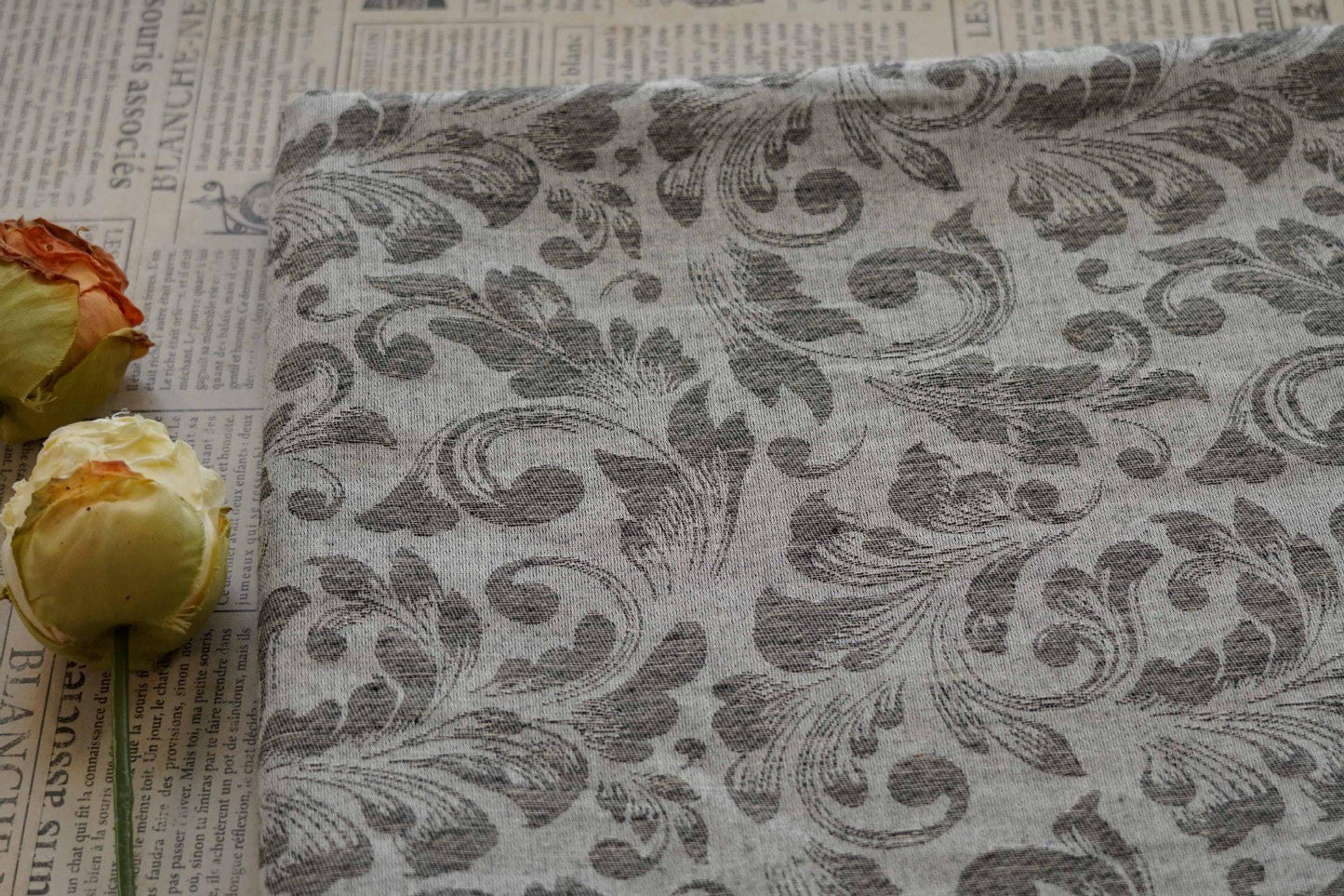 Japanese Floral Cotton Linen Fabric: Kimono Upholstery Drapery, 55"W