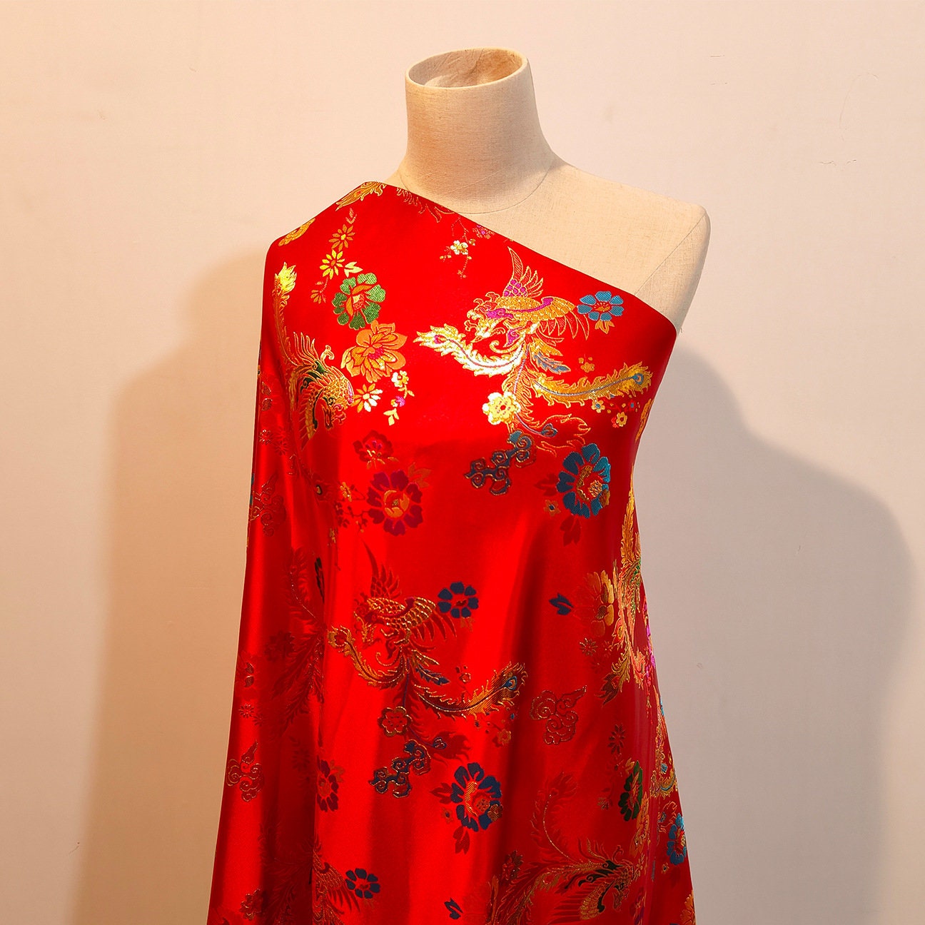 29.5"W Birds Fabric, A hundred birds are paying homage to a phoenix pattern Jacquard Satin Fabric, Upholstery, Quilting and Sewing fabric