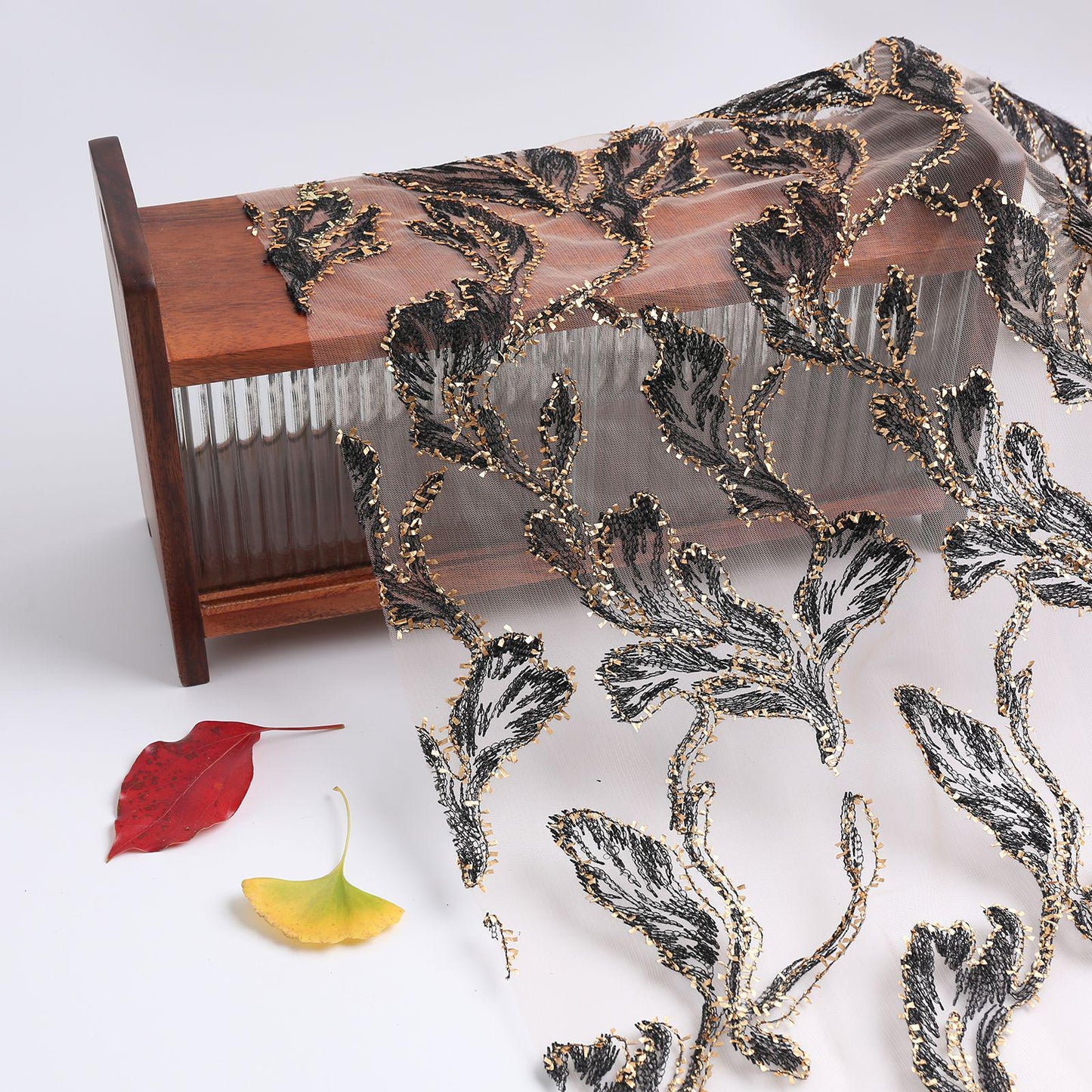 Foil Leaf Sequin Embroidery Fabric: Black & Gold Floral, 50"W