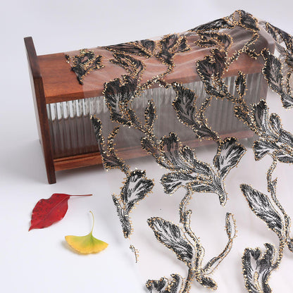 Foil Leaf Sequin Embroidery Fabric: Black & Gold Floral, 50"W