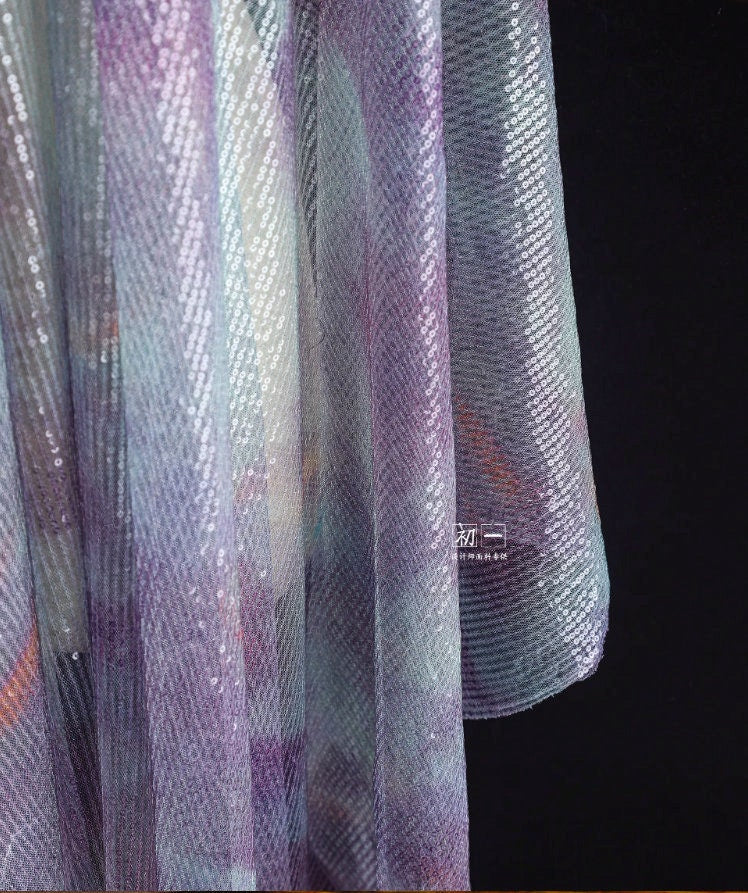 Lilac Green Sequin Mesh Fabric, Embroidered Scale Design, 49"W
