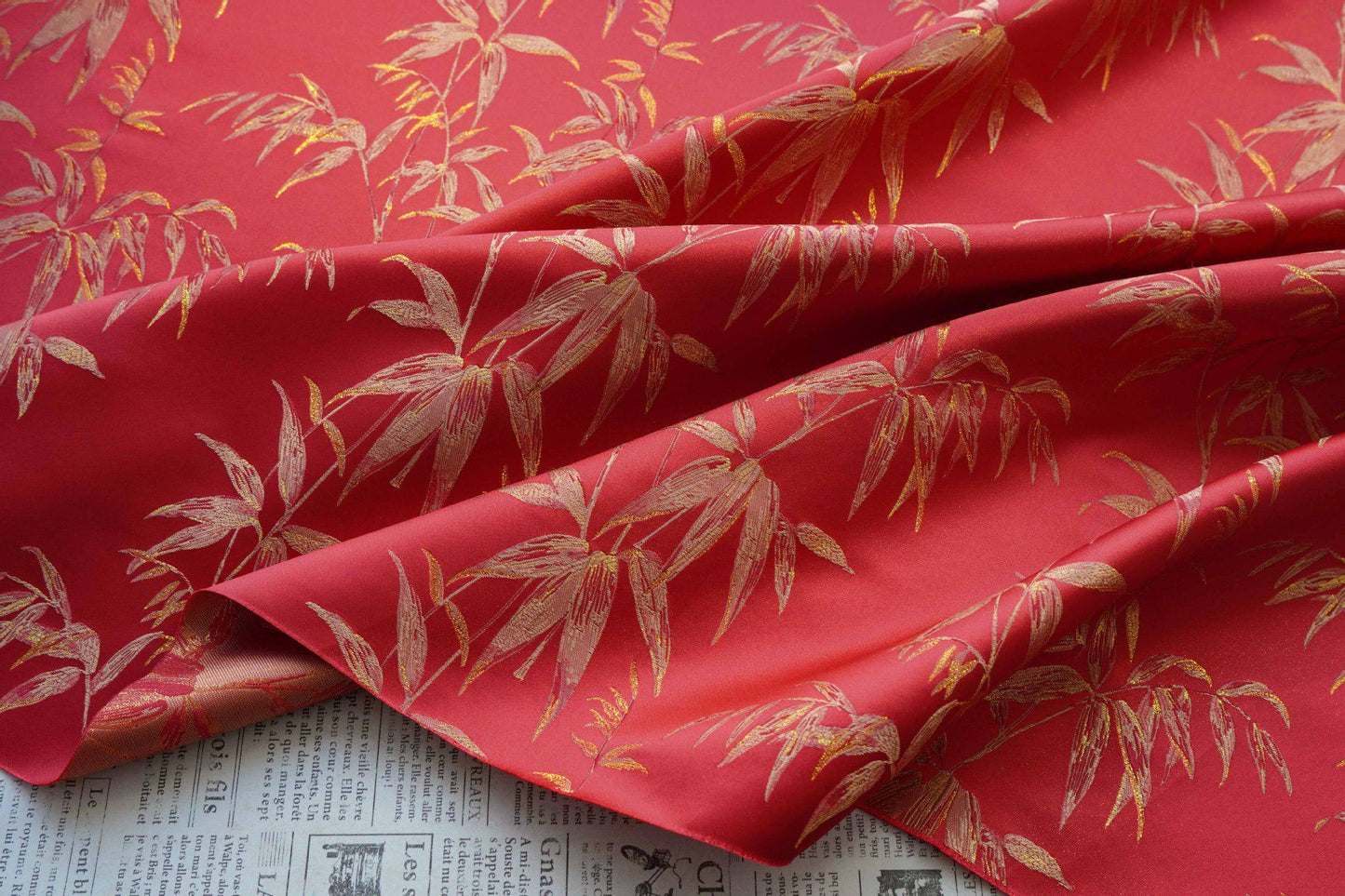 Red Brocade Fabric ��� Golden Bamboo Leaves Jacqua" Wide
