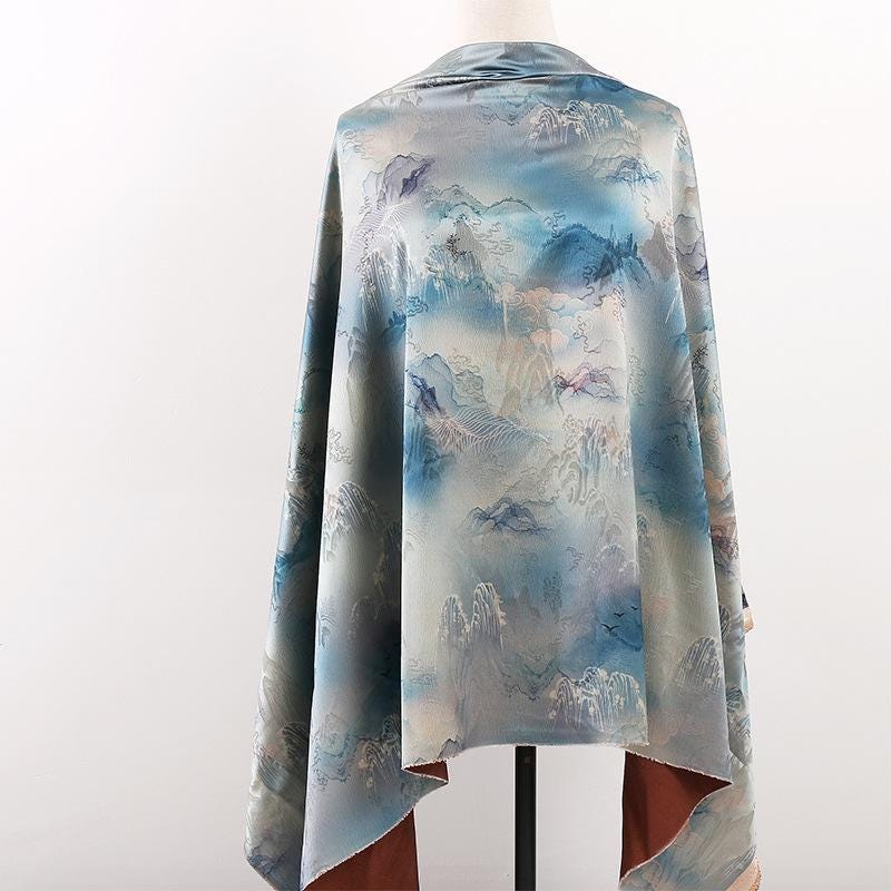 Ancient Mountain Tea Silk Satin Fabric: Digital Print Drapery, 59"W