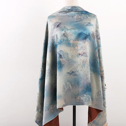 Ancient Mountain Tea Silk Satin Fabric: Digital Print Drapery, 59"W