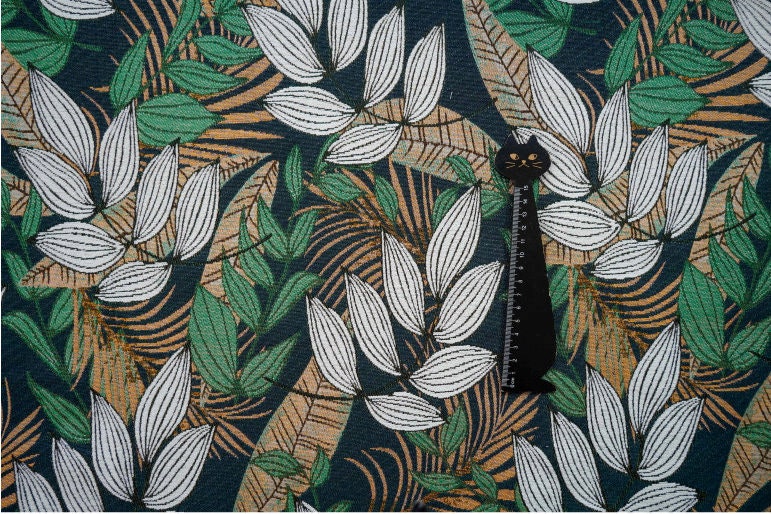 Tissu jacquard floral en polyester : revêtement d’ameublement à motif de feuilles tropicales, 150 cm de large