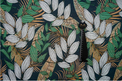 Tissu jacquard floral en polyester : revêtement d’ameublement à motif de feuilles tropicales, 150 cm de large