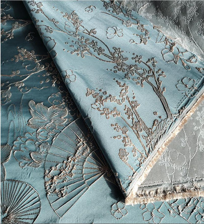 Tissu jacquard gaufré à motif éventail de lotus avec fil doré, 147 cm de large
