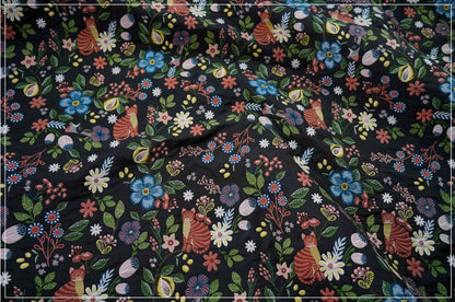 Black Cat Jacquard Fabric: Floral Upholstery, Costume, Decor (58"W)