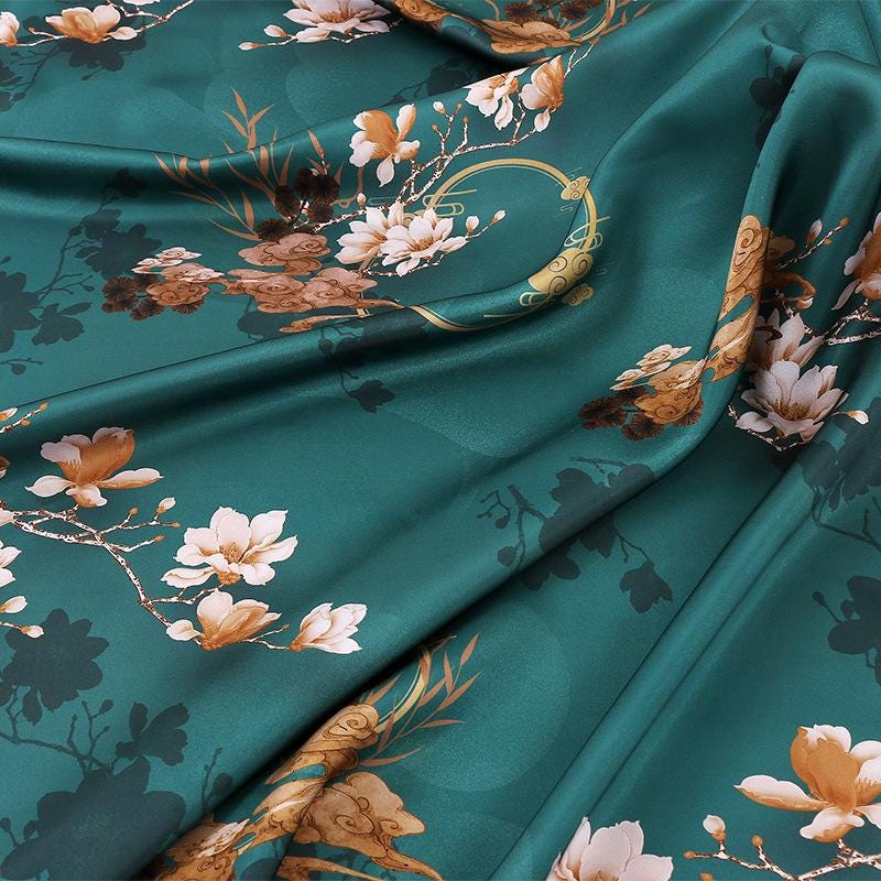 Teal Lotus Tea Silk Satin Fabric: Digital Print Sewing Material (59"W)