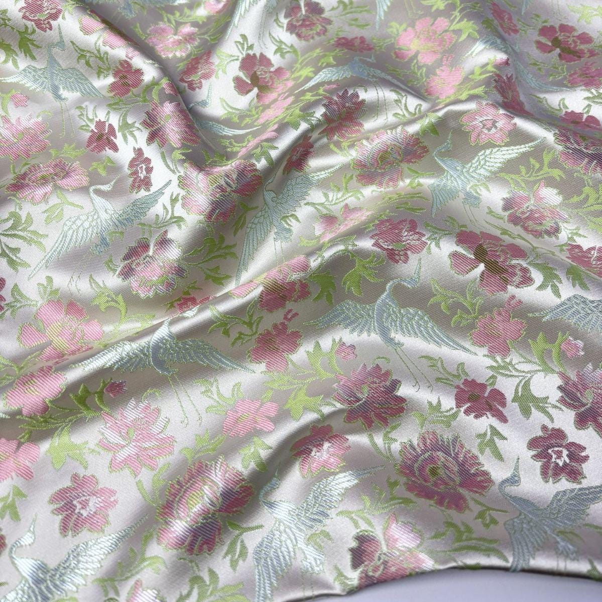 Flower and Cranes Jacquard Satin Brocade Fabric: Antique Cheongsam Sewing, 57"W