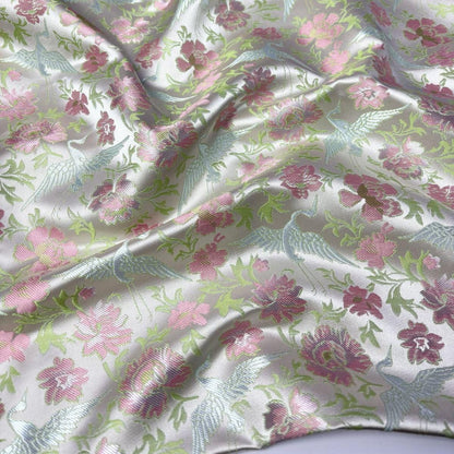 Flower and Cranes Jacquard Satin Brocade Fabric: Antique Cheongsam Sewing, 57"W