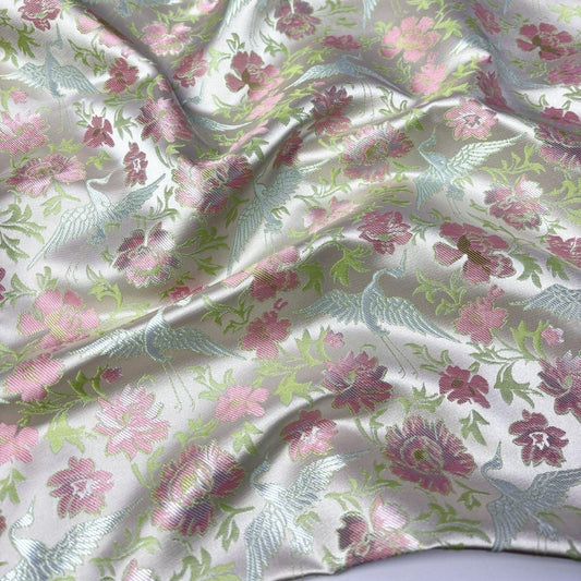 Flower and Cranes Jacquard Satin Brocade Fabric: Antique Cheongsam Sewing, 57"W