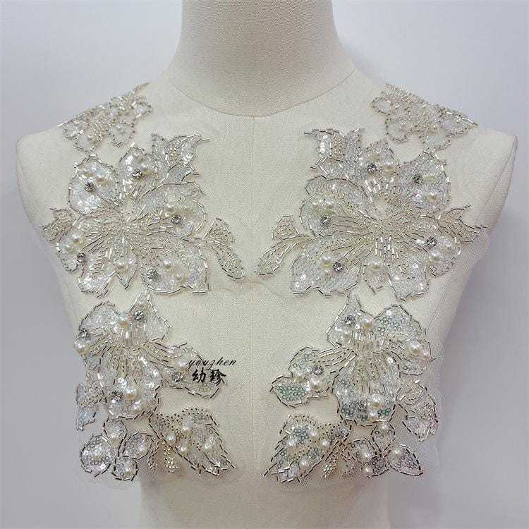 Embroidered Lace Trim: Light Ivory Bridal Wedding Veil Fabric, Sequins (By Yard)