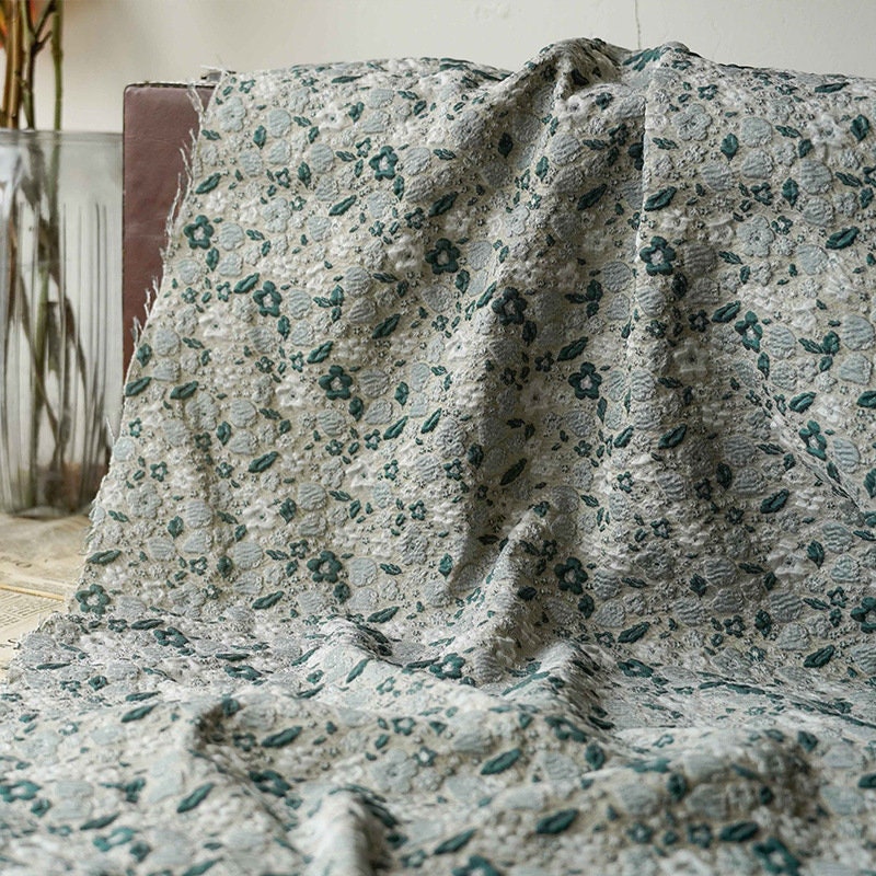 Jade Green Floral Jacquard Fabric: Embossed 3D Upholstery, Costume, Decor