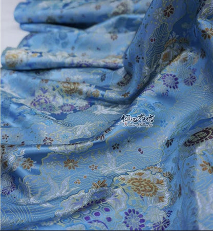 Nishijin Crane Kinran Fabric: Black Jacquard Silk Brocade Damask