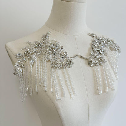 Embroidered Lace Trim: Ivory Sequin Tassel Applique (20cm Pair)