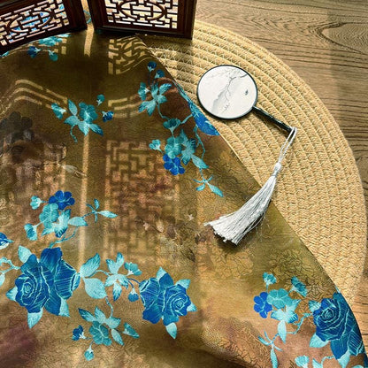 Floral Brocade Fabric ��� Blue Gold Rayon Silk Ble" Wide