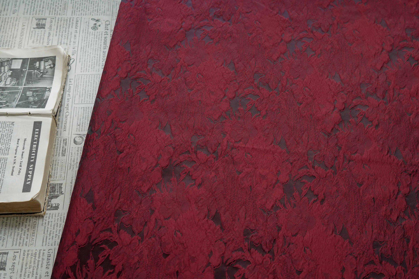 Luxurious Vintage Dark Red 3D Floral Woven Jacquard Fabric, 58"Wide