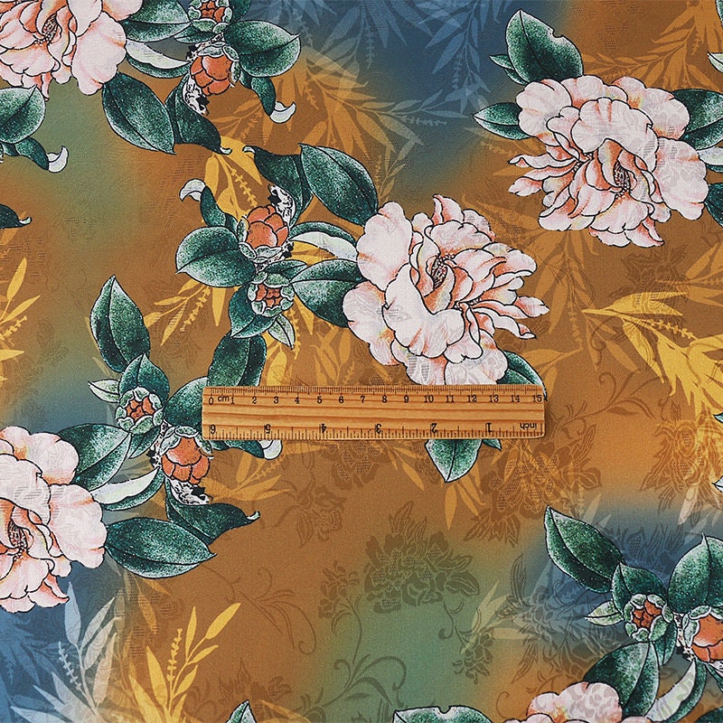 Peony Tea Satin Silk Fabric: 59"W Digital Print Sewing Material