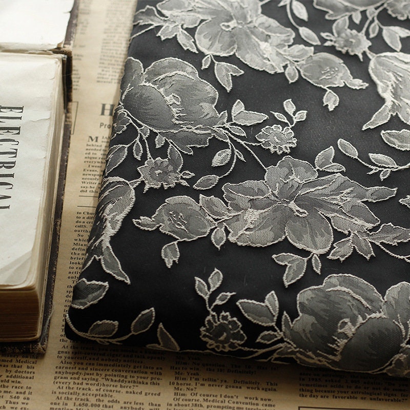 Black & White Floral Jacquard Fabric: Embossed 3D Design, 52" Wide