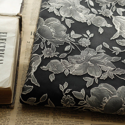 Black & White Floral Jacquard Fabric: Embossed 3D Design, 52" Wide