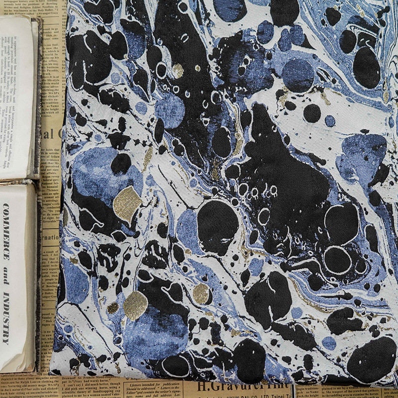 Blue Black Gold Splash Ink Jacquard Fabric: 59"W Upholstery