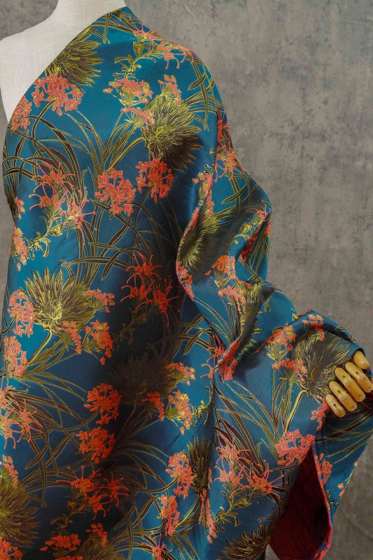 Gold Thread Jacquard Woven Fabric: 3D Teal Floral Embossed Upholstery, Costume, Sewing - 62"W