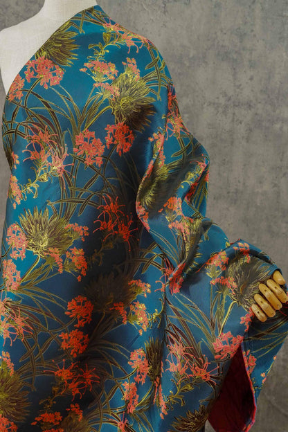 Gold Thread Jacquard Woven Fabric: 3D Teal Floral Embossed Upholstery, Costume, Sewing - 62"W