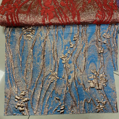 Green Jacquard Fabric with Gold Thread: Deer & Floral Design, 55" Wide