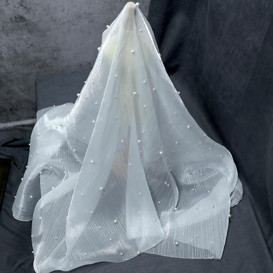 White Beaded Organza Fabric: Luxury Wedding Dress Material (59")