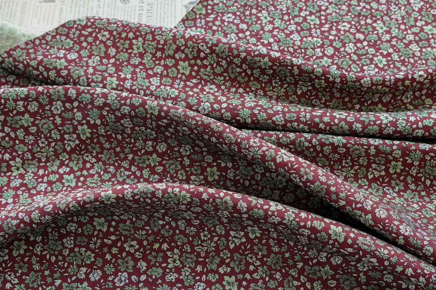 Red Mini Floral Jacquard Fabric: Countryside Style, 58" Wide