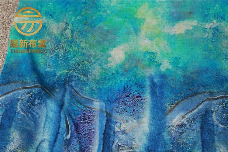 Blue Tears Oil Painting Print - Natural Ramie Fabric 57"W