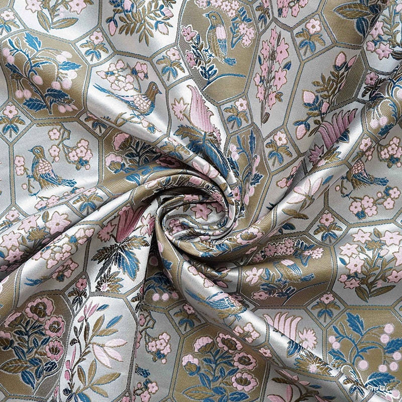 Floral Bird Satin Fabric: 59" Wide Rayon Drapery Material