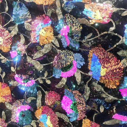 49"W Iridescent Sequin Floral Fabric ��� Colorful Big Flower Embroidery ��� Elegant Fashion Dress & G