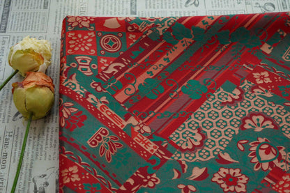 64"W Teal Jacquard Brocade Fabric ��� Longevity Peony Flower, High-Density Satin, Traditional Asian Textile for Quilting, Costumes, Home