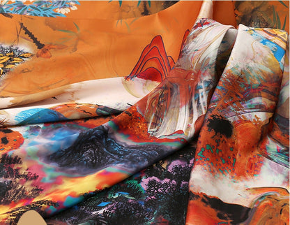 Ancient Painting Tea Silk Satin Fabric: Digital Print Upholstery, Costume, DIY - 59"W