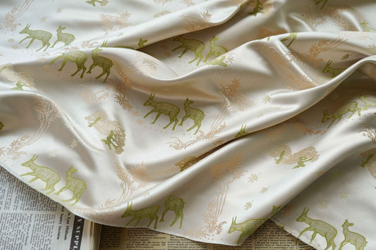 Green Deer Faux Silk Brocade Fabric: 59" Wide, By The Meter