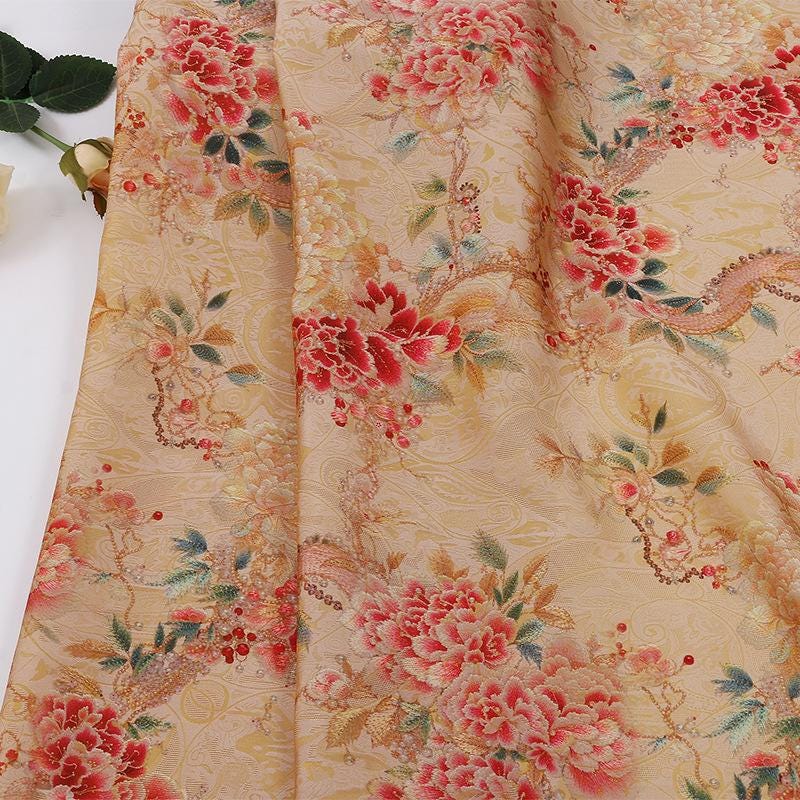 Peony Brocade Jacquard Fabric: Light Apricot Satin Tea Silk (59" Wide)