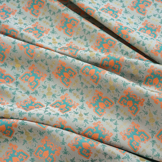 Tissu jacquard doré : motif totem asiatique ancien, 150 cm de large