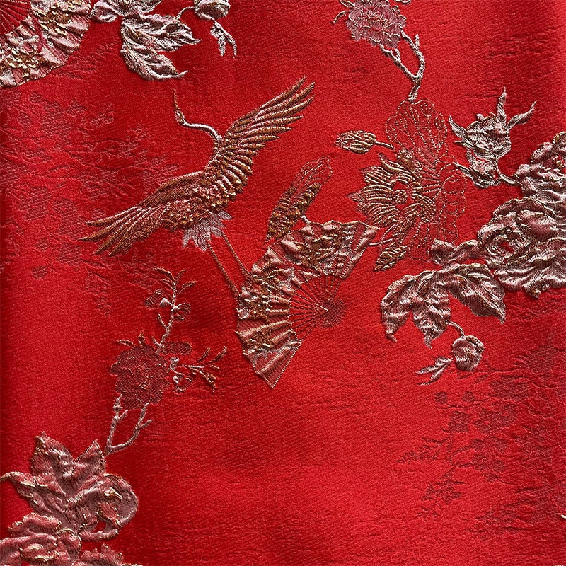 Tissu jacquard Grue Lotus : ameublement tissé à motif doré gaufré 3D, costumes, décoration