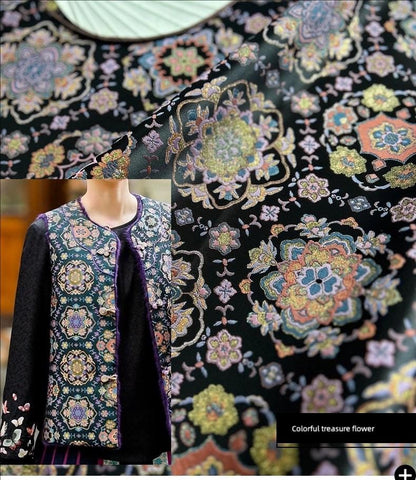 Black Baoxiang Brocade Fabric: 56"W Rayon Blend for Cheongsam, Robes, Decor