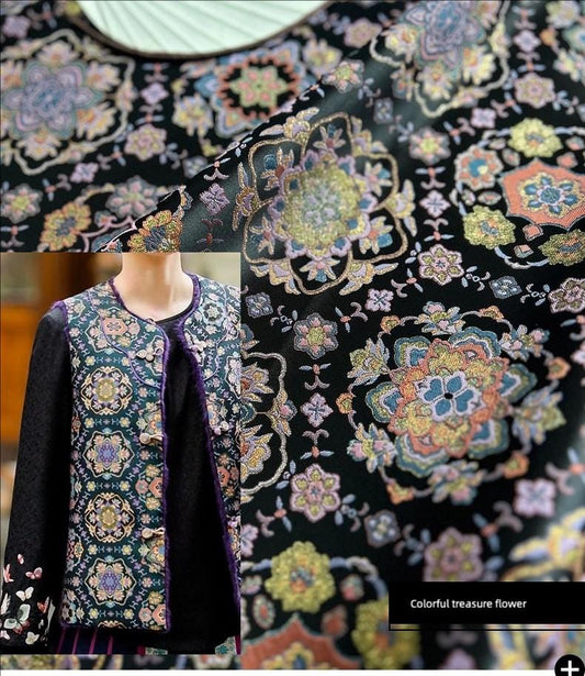 Tissu brocart noir Baoxiang : mélange de rayonne de 142 cm de large, idéal pour cheongsams, robes et décoration.