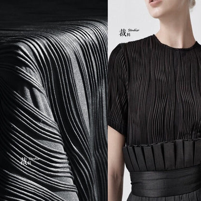 Black 3D Striped Texture Fabric: Stretch Cotton Polyester Designer Sewing