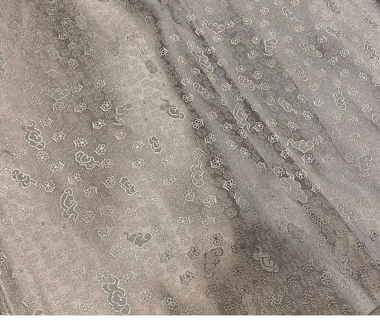 White & Blue Silk Brocade Fabric: Snow Cloud Design, 29.5" Wide