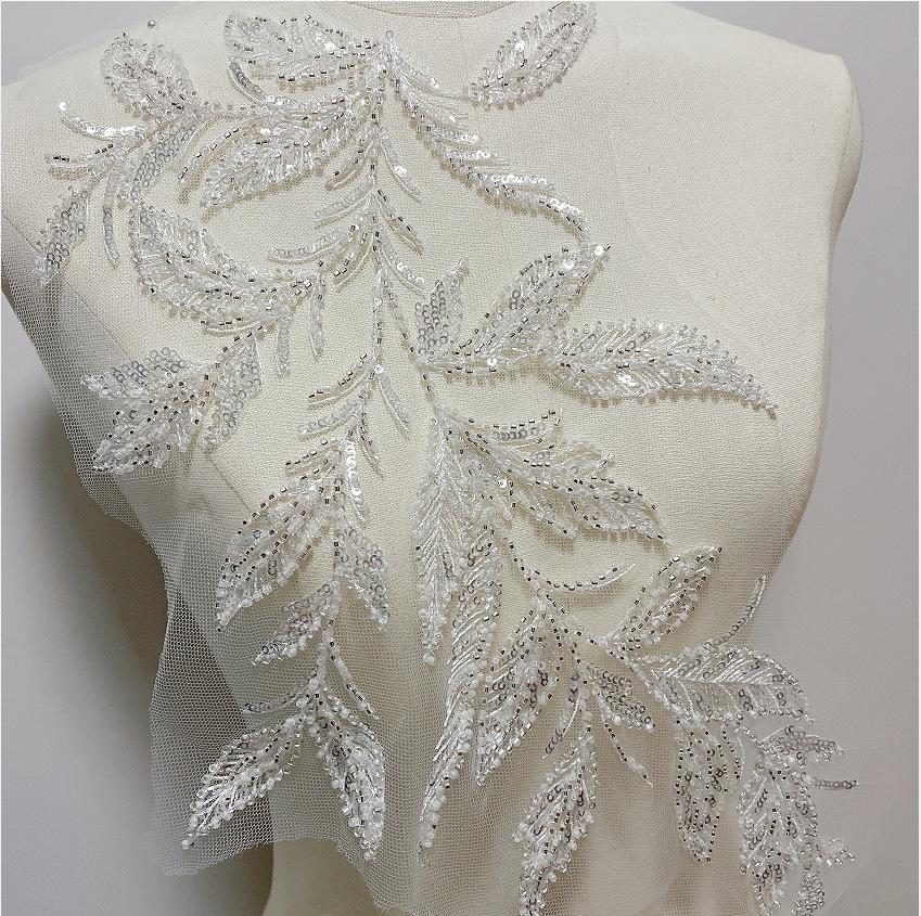 Embroidered Lace Trim: Light Ivory Bridal Veil Fabric with Sequins
