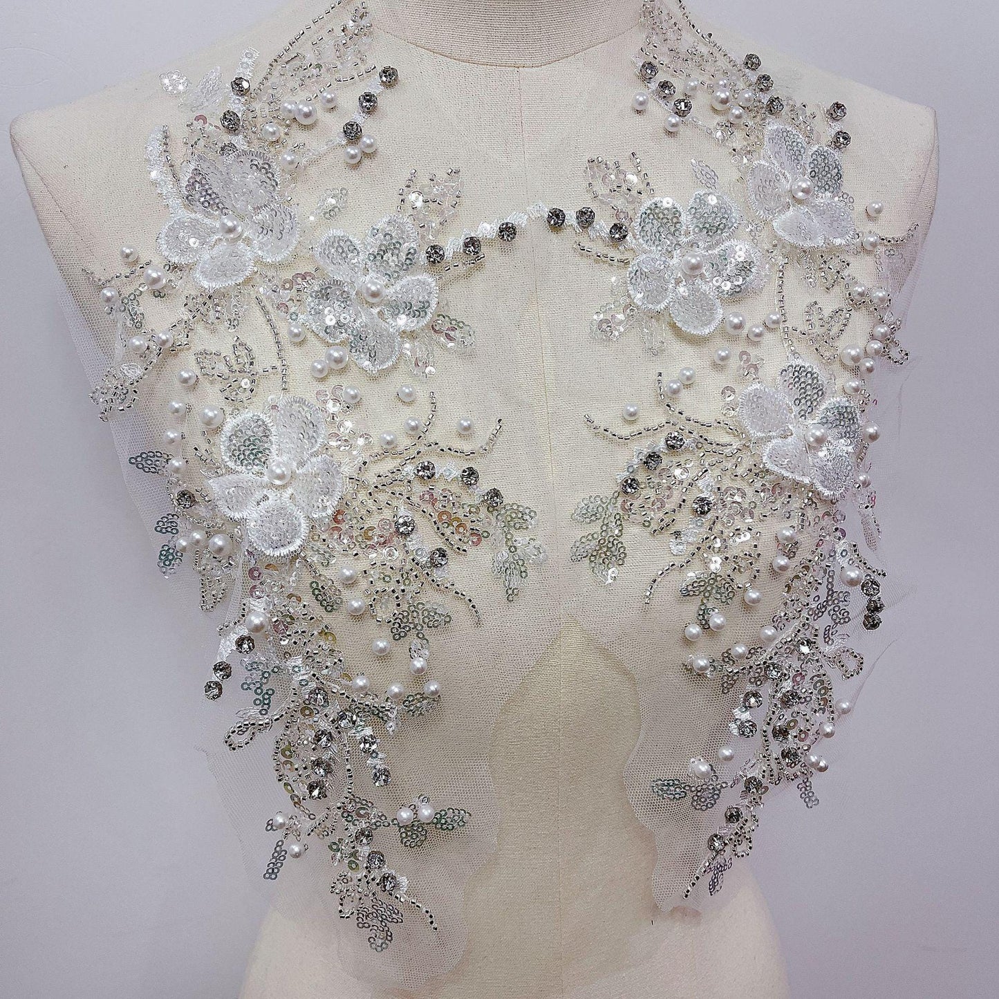 Embroidered Lace Trim: Light Ivory Bridal Applique with Sequins (By Pair)