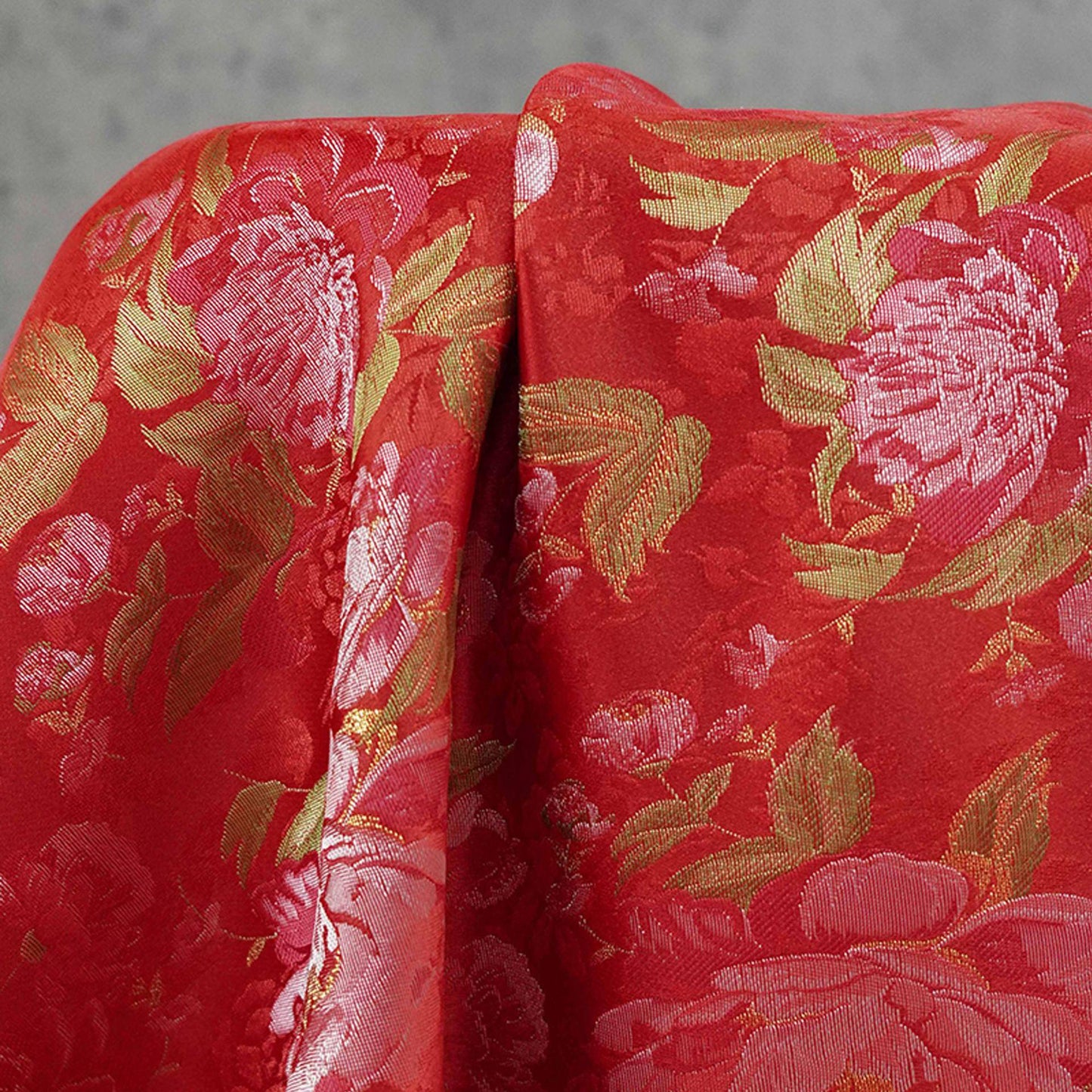 Red Peony Brocade Fabric: Gold Thread Jacquard, 64" Wide