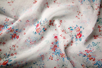 Floral Ramie Fabric: White Cotton Flower Print, 57" Wide