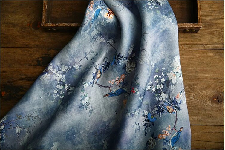 Floral Ramie Fabric: Birds and Flowers Print, 55" Wide, Sewing & Upholstery